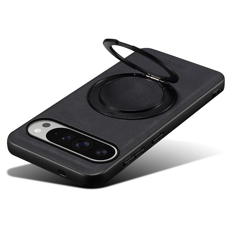 DENIOR A14 For Google Pixel 9 Pro XL Magnetic Case Rotary Kickstand Leather PC TPU Phone Cover - Black
