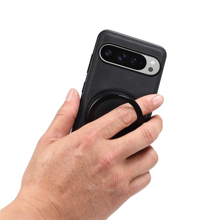 DENIOR A14 For Google Pixel 9 Pro XL Magnetic Case Rotary Kickstand Leather PC TPU Phone Cover - Black