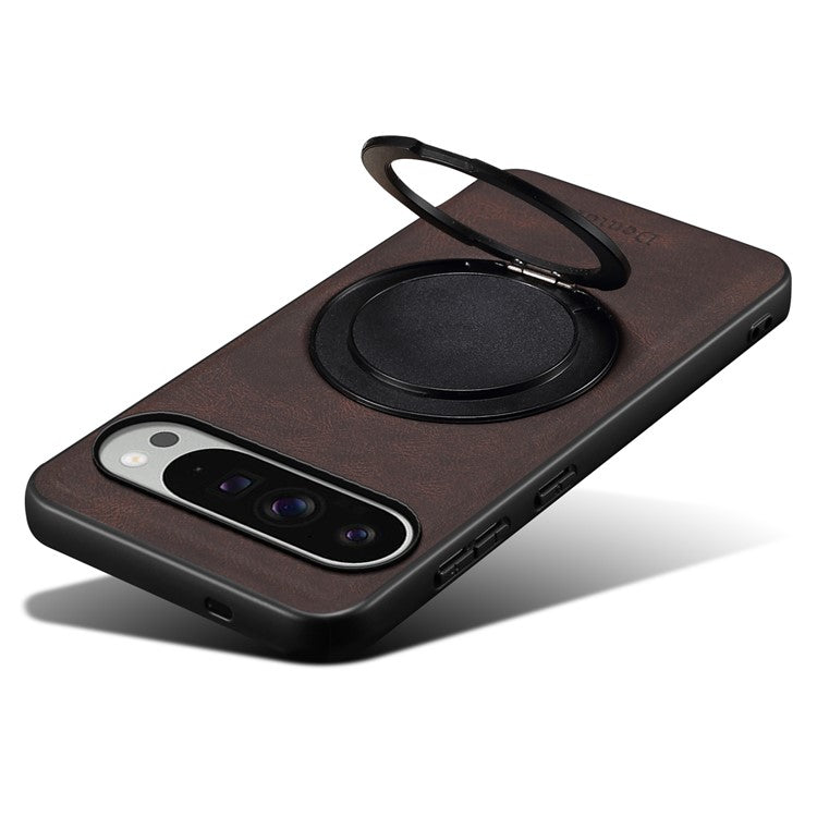 DENIOR A14 For Google Pixel 9 Pro XL Magnetic Case Rotary Kickstand Leather PC TPU Phone Cover - Brown