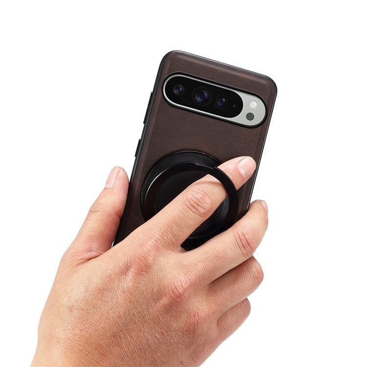 DENIOR A14 For Google Pixel 9 Pro XL Magnetic Case Rotary Kickstand Leather PC TPU Phone Cover - Brown