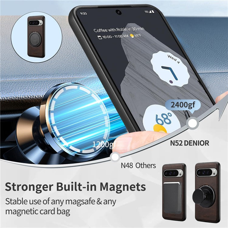 DENIOR A14 For Google Pixel 9 Pro XL Magnetic Case Rotary Kickstand Leather PC TPU Phone Cover - Brown