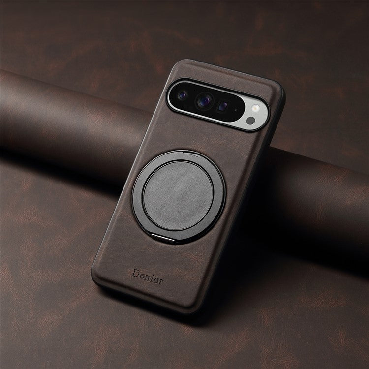DENIOR A14 For Google Pixel 9 Pro XL Magnetic Case Rotary Kickstand Leather PC TPU Phone Cover - Brown