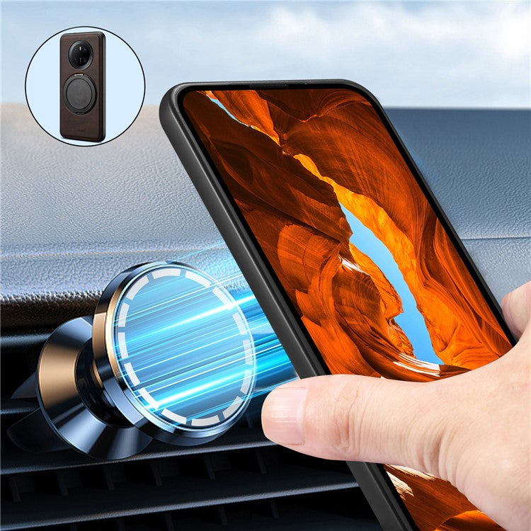 DENIOR A14 For Huawei Mate 70 Magnetic Case Rotary Kickstand Leather PC TPU Phone Cover - Brown