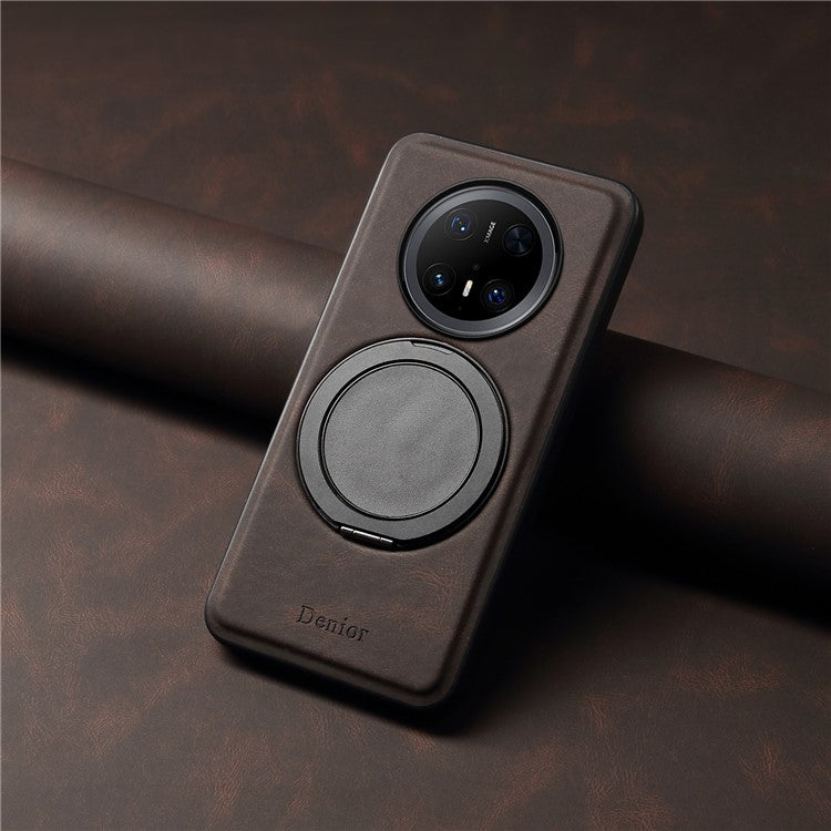 DENIOR A14 For Huawei Mate 70 Pro / Mate 70 Pro+ Magnetic Case Rotary Kickstand Leather PC TPU Phone Cover - Brown