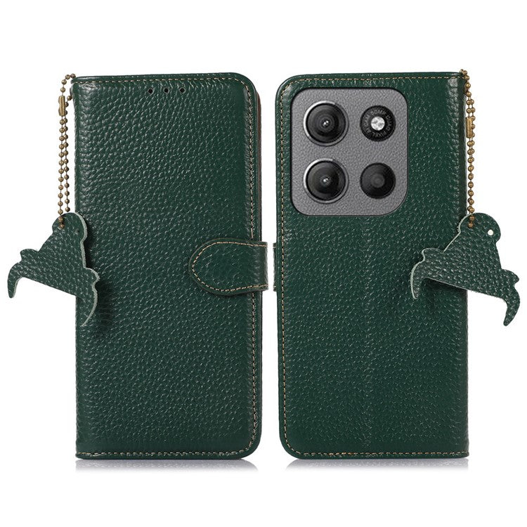 For Motorola Moto G15 4G / G05 4G Case RFID Blocking Genuine Cow Leather Phone Cover Litchi Texture - Green