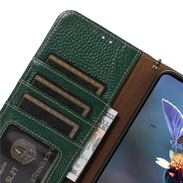 For Motorola Moto G15 4G / G05 4G Case RFID Blocking Genuine Cow Leather Phone Cover Litchi Texture - Green