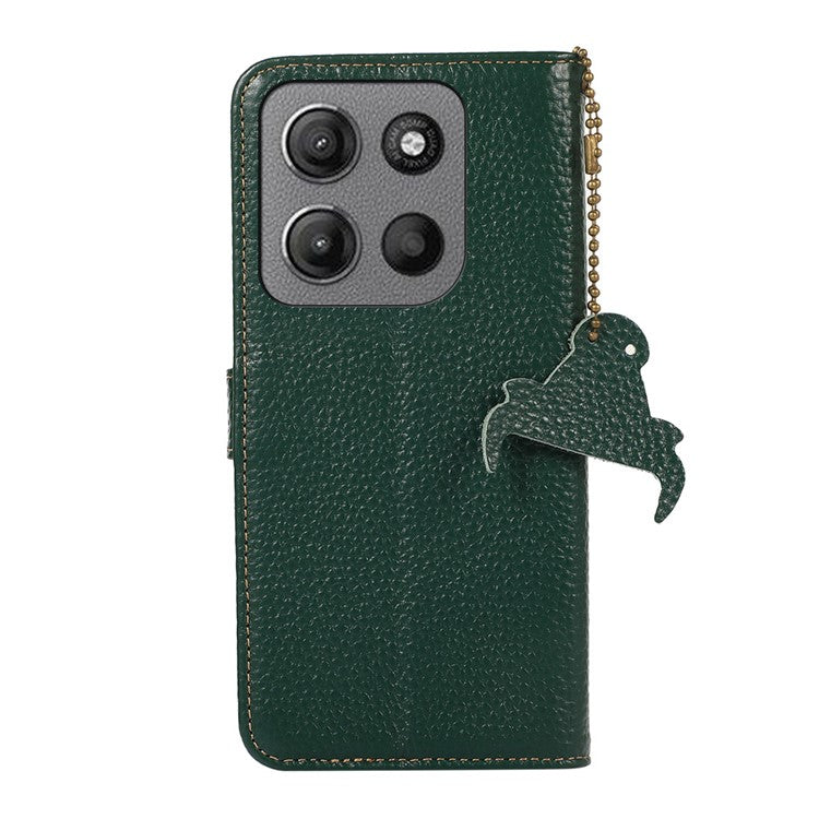 For Motorola Moto G15 4G / G05 4G Case RFID Blocking Genuine Cow Leather Phone Cover Litchi Texture - Green