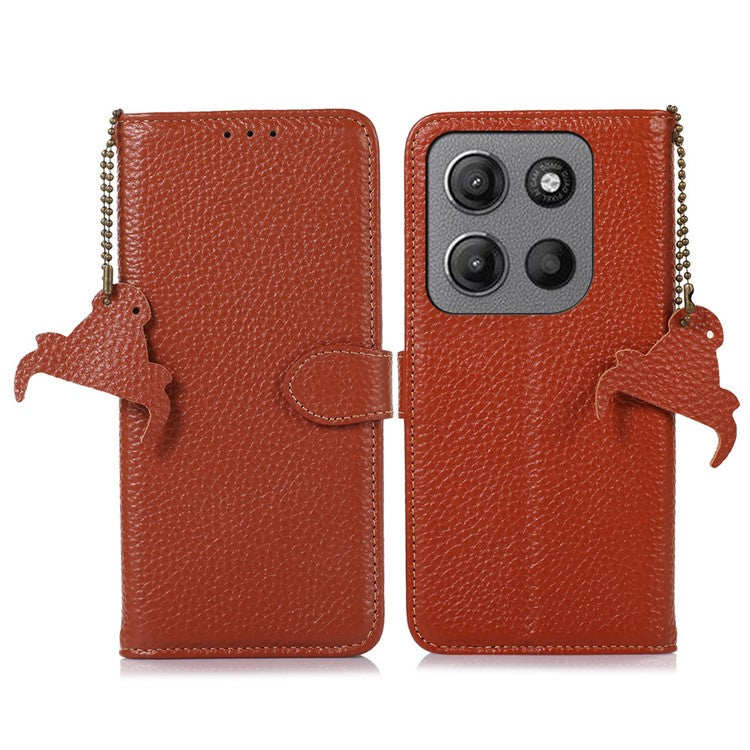 For Motorola Moto G15 4G / G05 4G Case RFID Blocking Genuine Cow Leather Phone Cover Litchi Texture - Brown