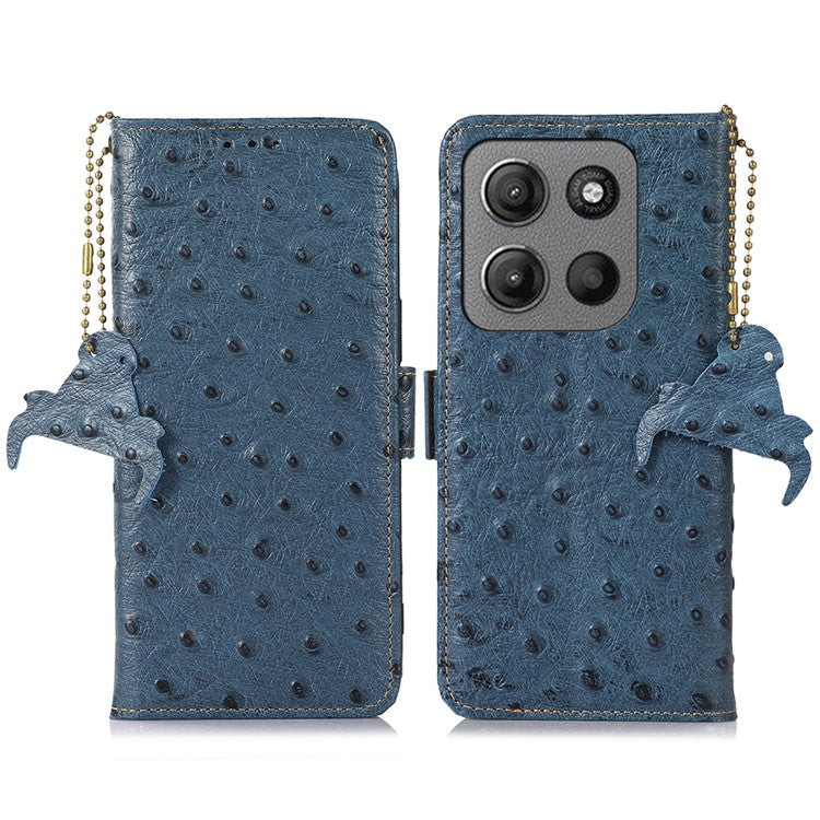 For Motorola Moto G15 4G / G05 4G Case RFID Blocking Genuine Cow Leather Phone Case Ostrich Texture - Blue