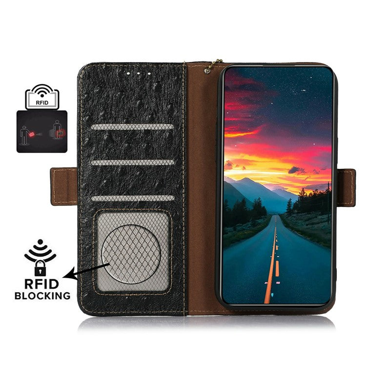 For Motorola Moto G15 4G / G05 4G Case RFID Blocking Genuine Cow Leather Phone Case Ostrich Texture - Black