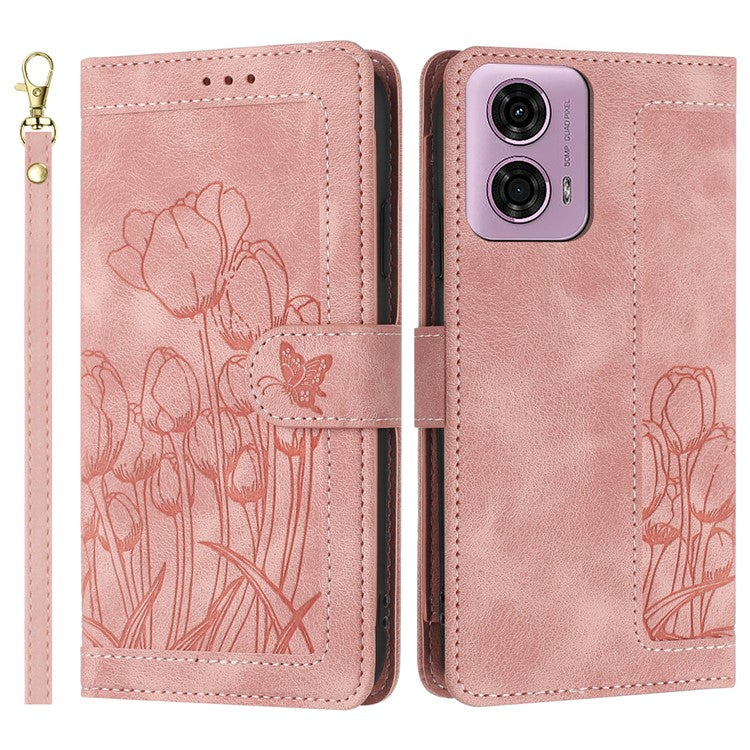 For Motorola Moto G Power (2025) Tulip Leather Case Phone Cover with 5 Card Slots Wallet - Pink