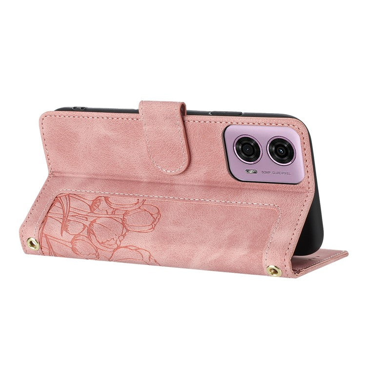 For Motorola Moto G Power (2025) Tulip Leather Case Phone Cover with 5 Card Slots Wallet - Pink
