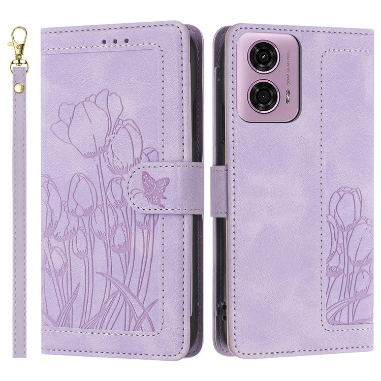 For Motorola Moto G Power (2025) Tulip Leather Case Phone Cover with 5 Card Slots Wallet - Purple