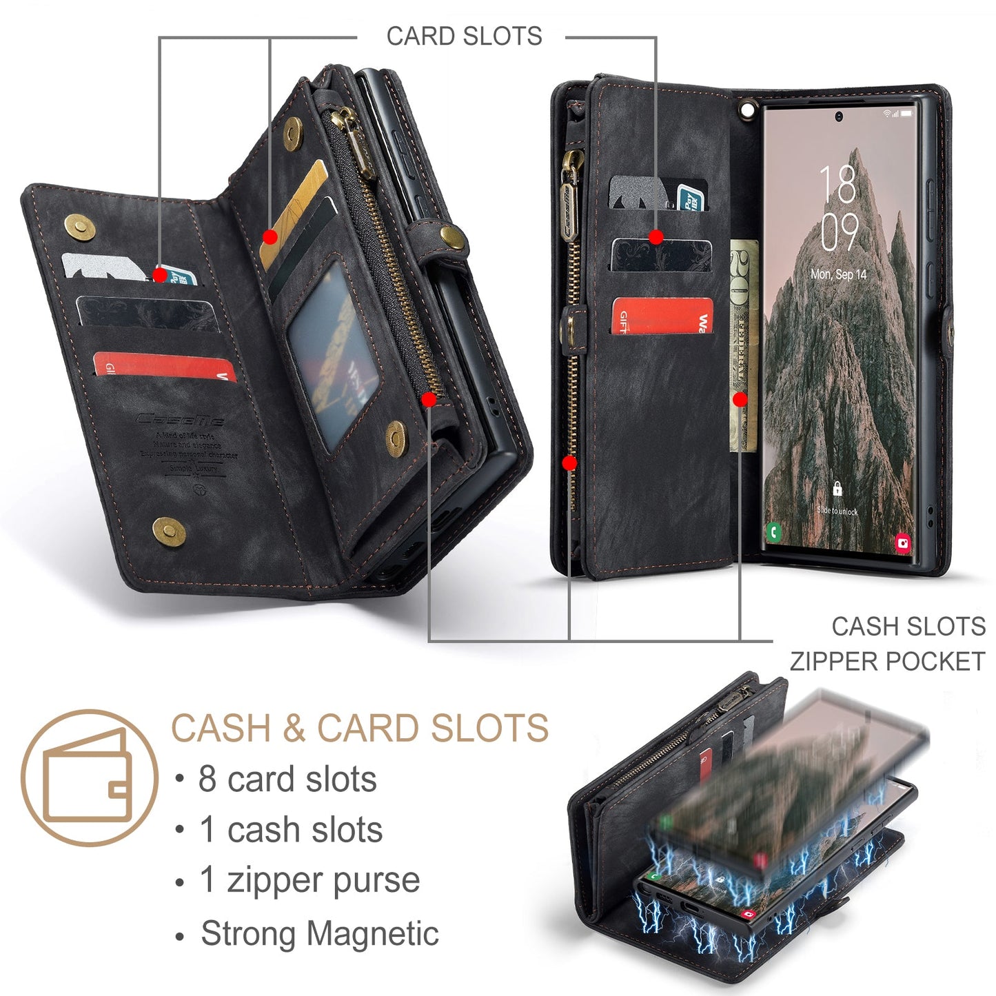 For Samsung Galaxy S25 Ultra Case CASEME 008 Series Detachable Leather Zipper Wallet Phone Cover - Black