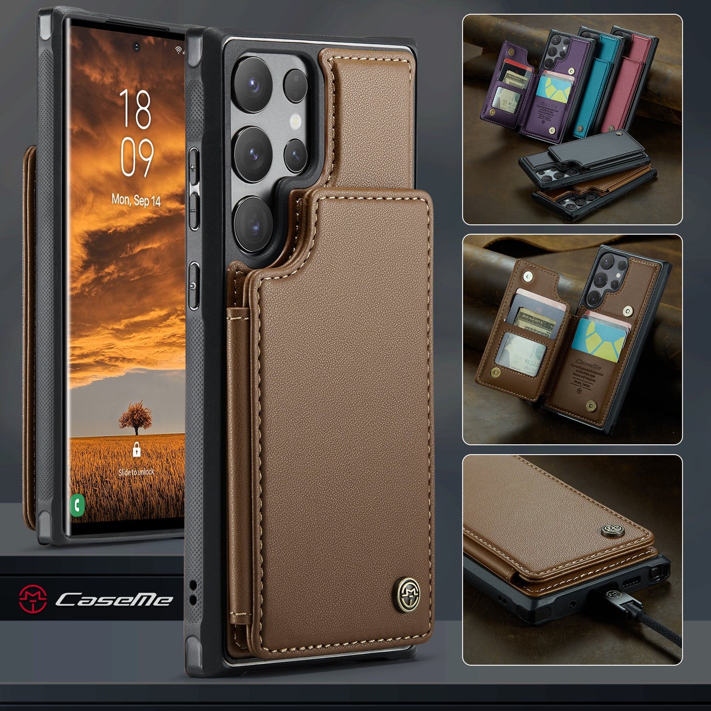 For Samsung Galaxy S25 Ultra Case CASEME C22 Series Leather+TPU Cover RFID Blocking 5 Card Slots - Brown