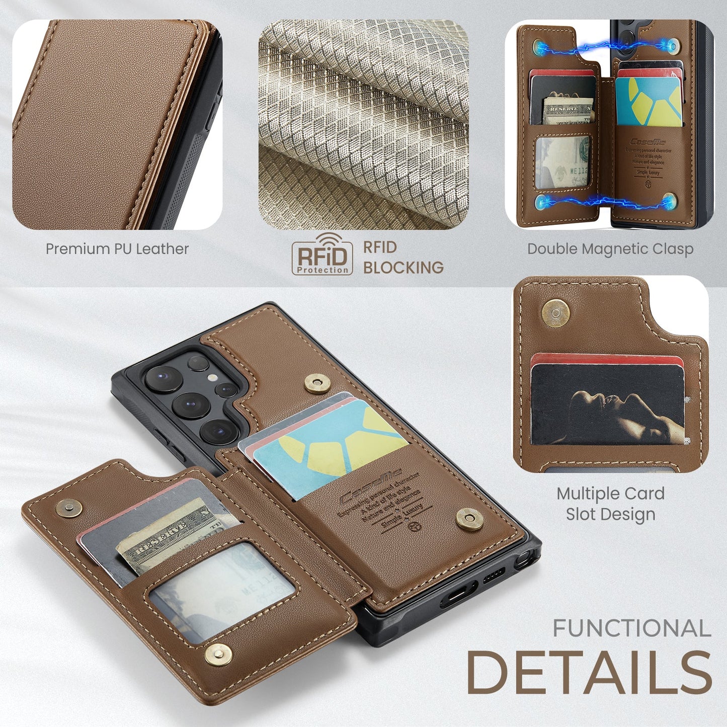 For Samsung Galaxy S25 Ultra Case CASEME C22 Series Leather+TPU Cover RFID Blocking 5 Card Slots - Brown