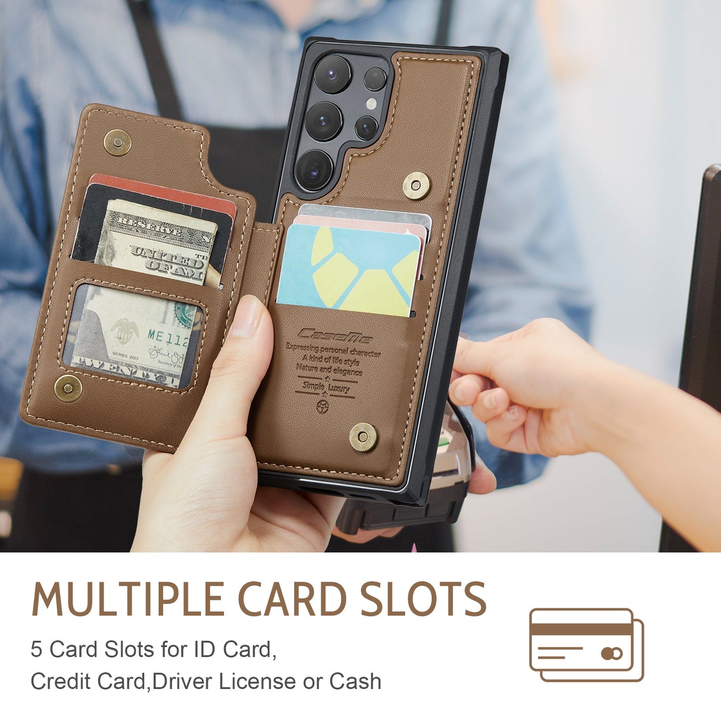 For Samsung Galaxy S25 Ultra Case CASEME C22 Series Leather+TPU Cover RFID Blocking 5 Card Slots - Brown
