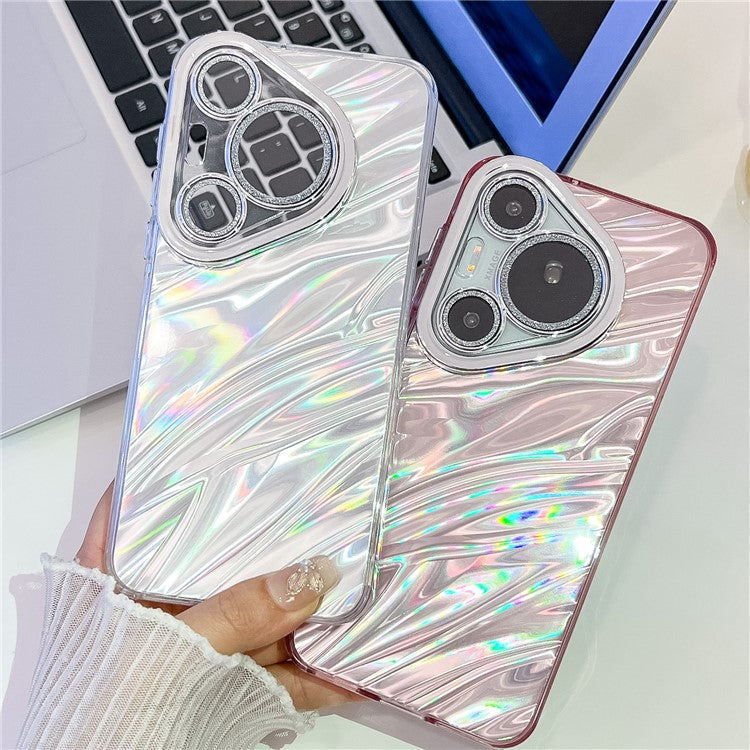 For Huawei Pura 70 Case IMD Design Shockproof Hybrid Phone Cover with Glass Lens Film - Ripple Pattern  /  Pink