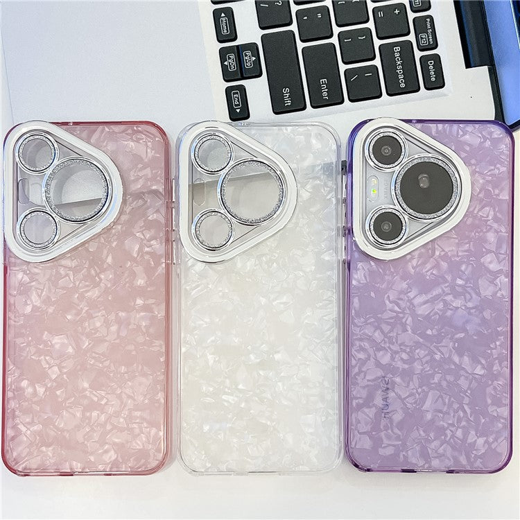For Huawei Pura 70 Pro Case IMD Design Shockproof Hybrid Phone Cover with Glass Lens Film - Shell Pattern / Purple