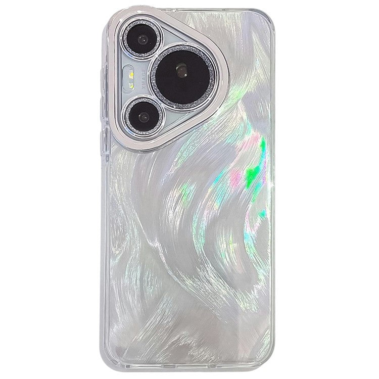 For Huawei Pura 70 Pro Case IMD Design Shockproof Hybrid Phone Cover with Glass Lens Film - Feather Yarn Pattern / Silver