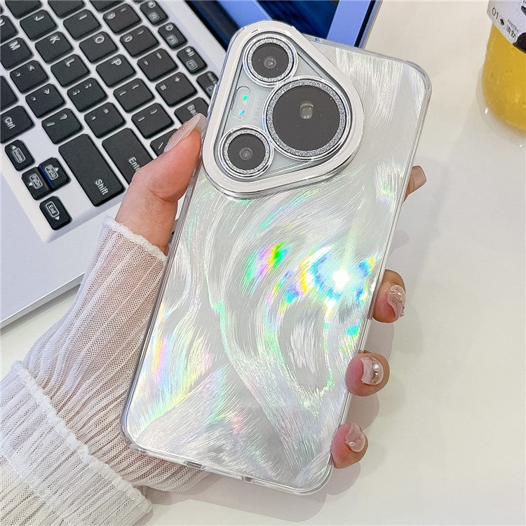 For Huawei Pura 70 Pro Case IMD Design Shockproof Hybrid Phone Cover with Glass Lens Film - Feather Yarn Pattern / Silver