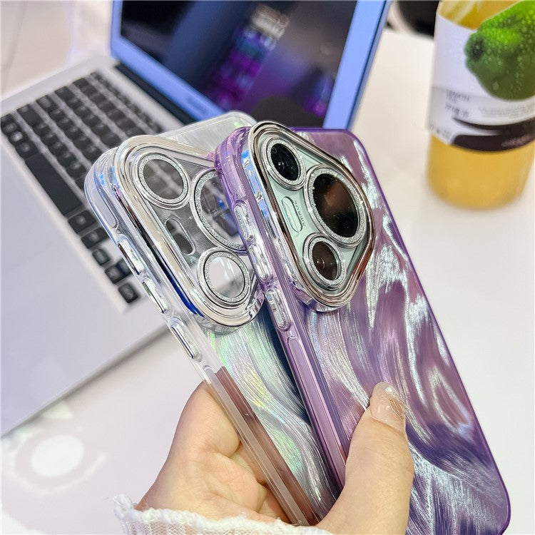 For Huawei Pura 70 Pro Case IMD Design Shockproof Hybrid Phone Cover with Glass Lens Film - Feather Yarn Pattern / Silver
