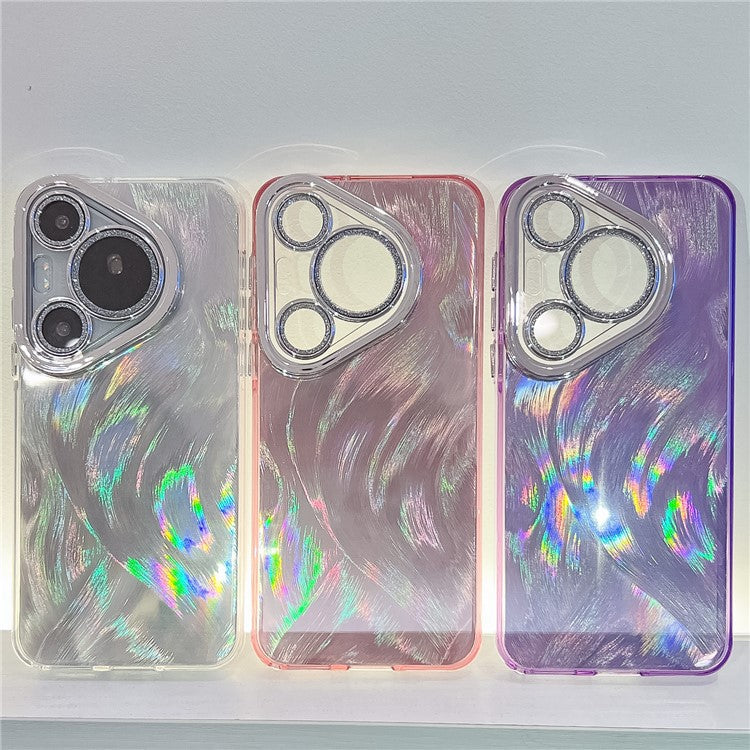 For Huawei Pura 70 Pro Case IMD Design Shockproof Hybrid Phone Cover with Glass Lens Film - Feather Yarn Pattern / Silver