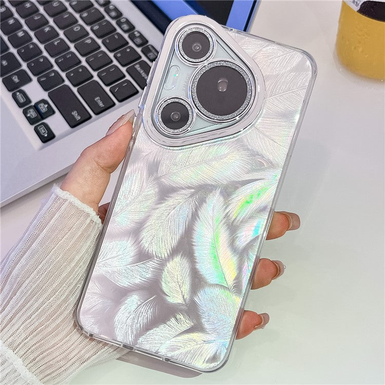 For Huawei Pura 70 Pro Case IMD Design Shockproof Hybrid Phone Cover with Glass Lens Film - Feather Pattern / Silver