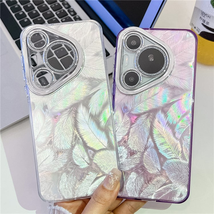For Huawei Pura 70 Pro Case IMD Design Shockproof Hybrid Phone Cover with Glass Lens Film - Feather Pattern / Silver