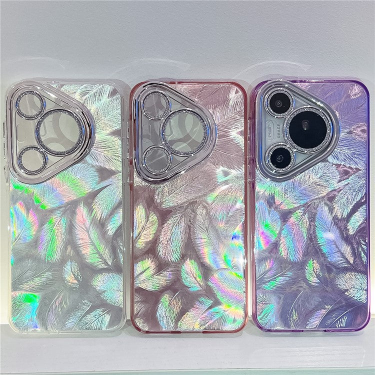 For Huawei Pura 70 Pro Case IMD Design Shockproof Hybrid Phone Cover with Glass Lens Film - Feather Pattern / Silver