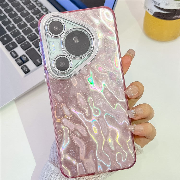 For Huawei Pura 70 Pro Case IMD Design Shockproof Hybrid Phone Cover with Glass Lens Film - Wrinkle Pattern / Pink
