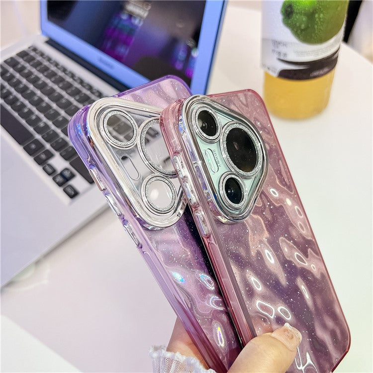 For Huawei Pura 70 Pro Case IMD Design Shockproof Hybrid Phone Cover with Glass Lens Film - Wrinkle Pattern / Silver
