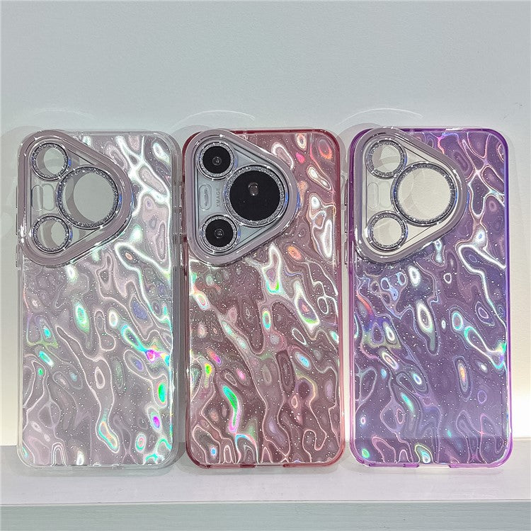 For Huawei Pura 70 Pro Case IMD Design Shockproof Hybrid Phone Cover with Glass Lens Film - Wrinkle Pattern / Silver
