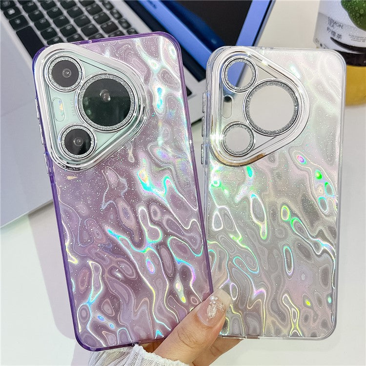 For Huawei Pura 70 Pro Case IMD Design Shockproof Hybrid Phone Cover with Glass Lens Film - Wrinkle Pattern / Purple
