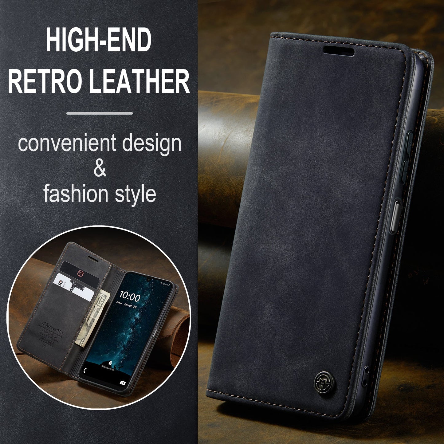 For Samsung Galaxy A26 5G Case CASEME 013 Series Card Holder Stand Leather Phone Cover - Black