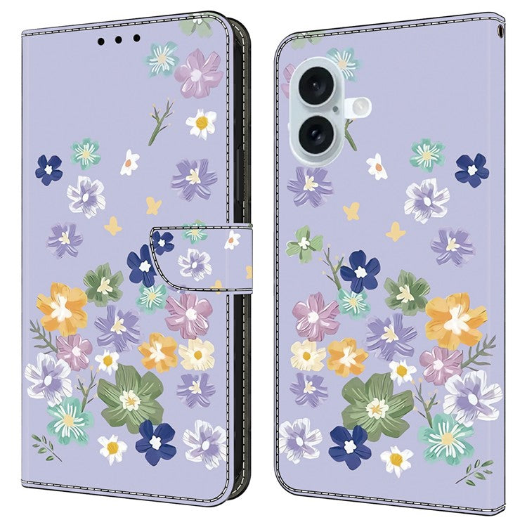 For iPhone 16 Plus Case Pattern Printing Anti-Drop Leather Flip Wallet Phone Cover - Purple Floral