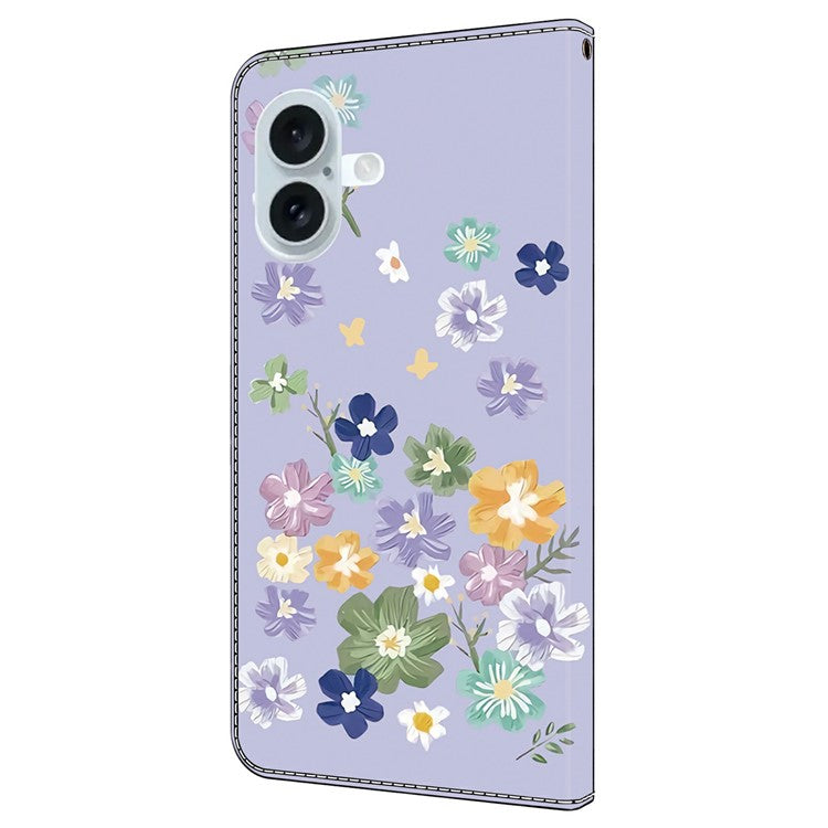 For iPhone 16 Plus Case Pattern Printing Anti-Drop Leather Flip Wallet Phone Cover - Purple Floral