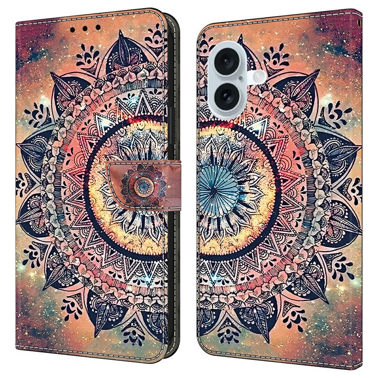 For iPhone 16 Plus Case Pattern Printing Anti-Drop Leather Flip Wallet Phone Cover - Mandala