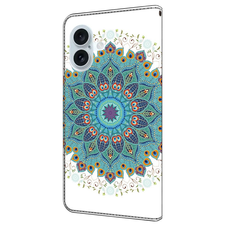 For iPhone 16 Plus Case Pattern Printing Anti-Drop Leather Flip Wallet Phone Cover - Peacock