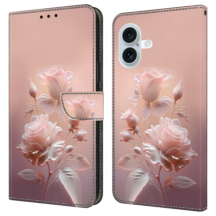 For iPhone 16 Case Pattern Printing Anti-Drop Leather Flip Wallet Phone Cover - Ceramic Rose