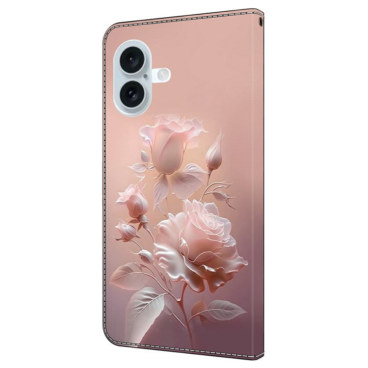For iPhone 16 Case Pattern Printing Anti-Drop Leather Flip Wallet Phone Cover - Ceramic Rose