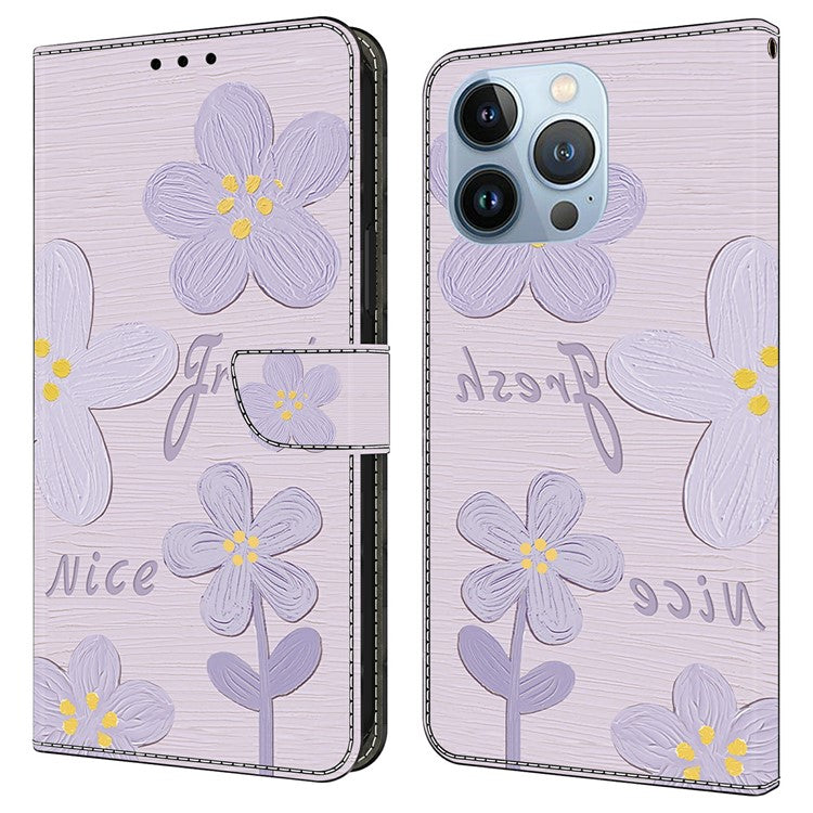 For iPhone 16 Pro Case Pattern Printing Anti-Drop Leather Flip Wallet Phone Cover - Purple Flowers
