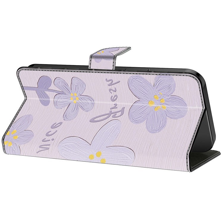 For iPhone 16 Pro Case Pattern Printing Anti-Drop Leather Flip Wallet Phone Cover - Purple Flowers