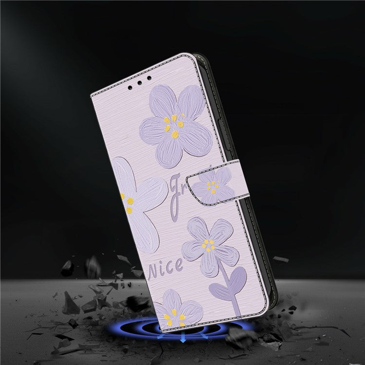 For iPhone 16 Pro Case Pattern Printing Anti-Drop Leather Flip Wallet Phone Cover - Purple Flowers