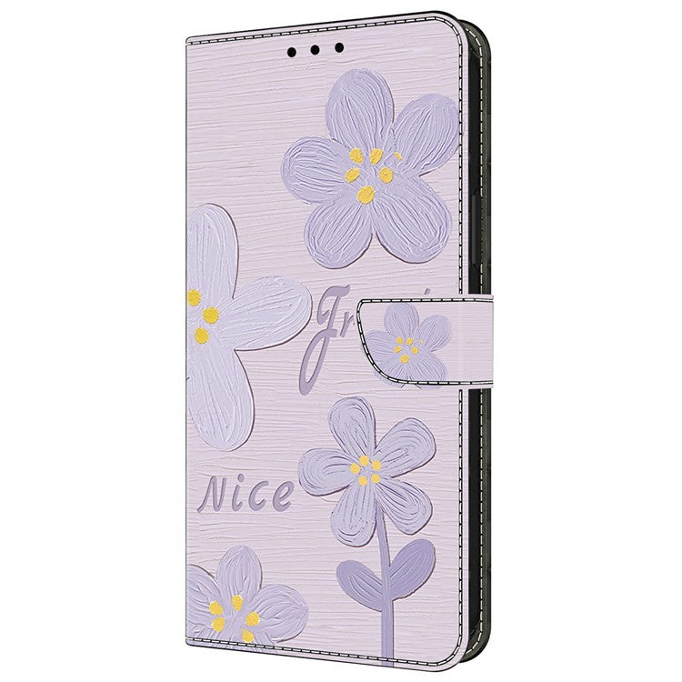 For iPhone 16 Pro Case Pattern Printing Anti-Drop Leather Flip Wallet Phone Cover - Purple Flowers
