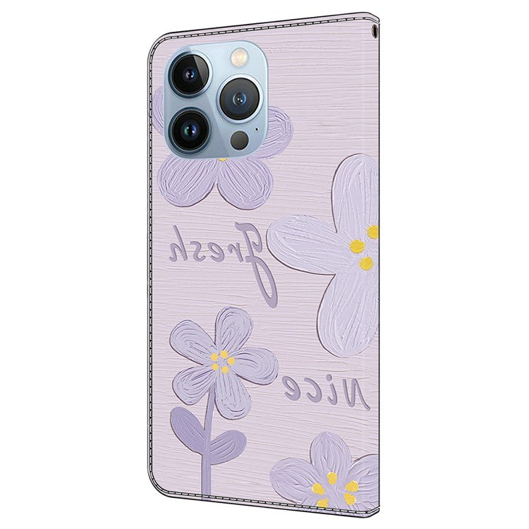 For iPhone 16 Pro Case Pattern Printing Anti-Drop Leather Flip Wallet Phone Cover - Purple Flowers