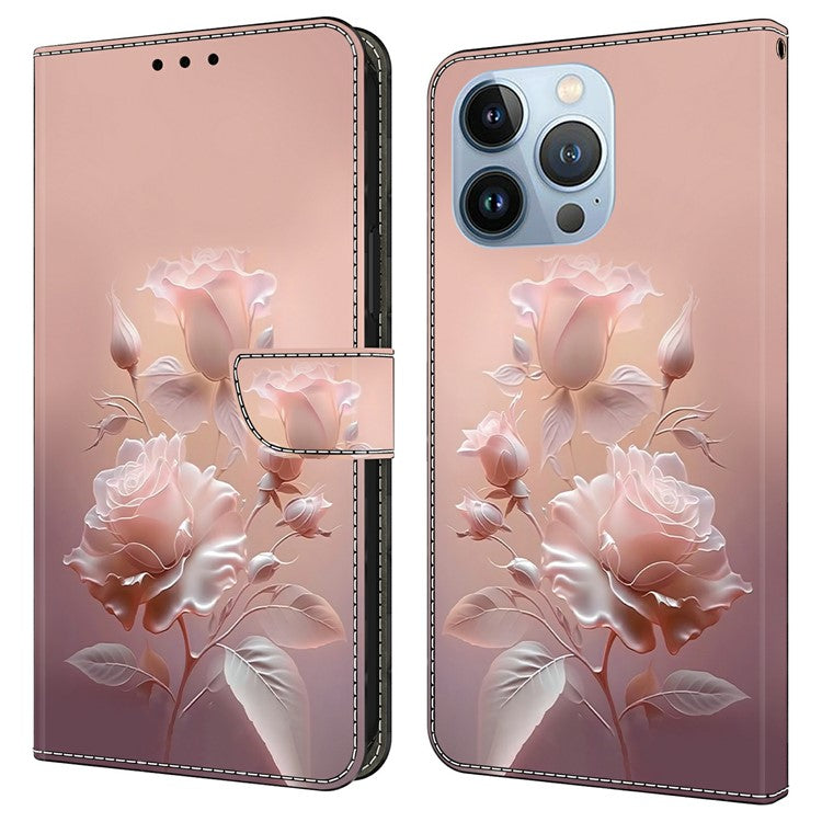 For iPhone 16 Pro Case Pattern Printing Anti-Drop Leather Flip Wallet Phone Cover - Ceramic Rose