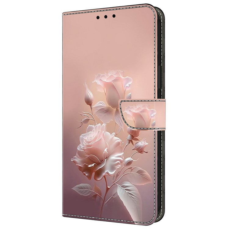 For iPhone 16 Pro Case Pattern Printing Anti-Drop Leather Flip Wallet Phone Cover - Ceramic Rose