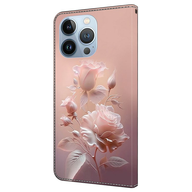 For iPhone 16 Pro Case Pattern Printing Anti-Drop Leather Flip Wallet Phone Cover - Ceramic Rose