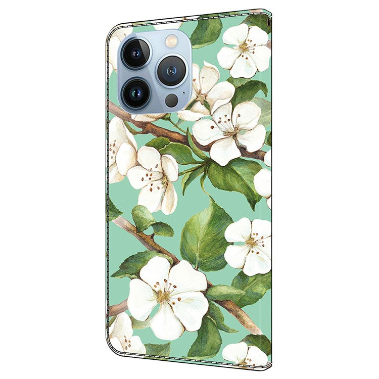 For iPhone 16 Pro Case Pattern Printing Anti-Drop Leather Flip Wallet Phone Cover - Watercolor Flowers